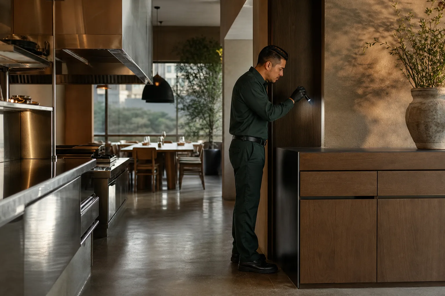 Técnico realizando una inspección preventiva en un restaurante