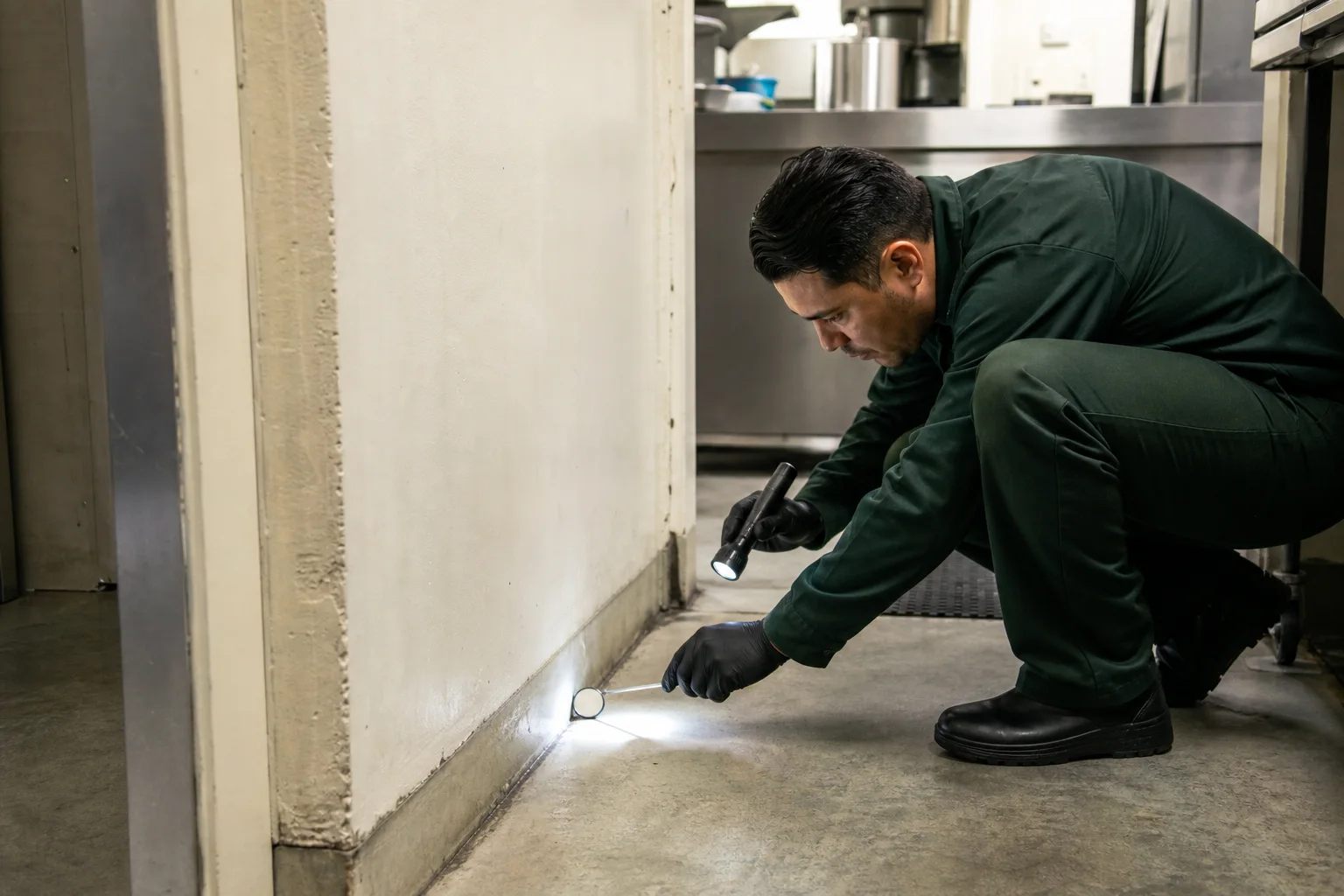 Técnico inspeccionando un perímetro con lámpara y espejo de revisión