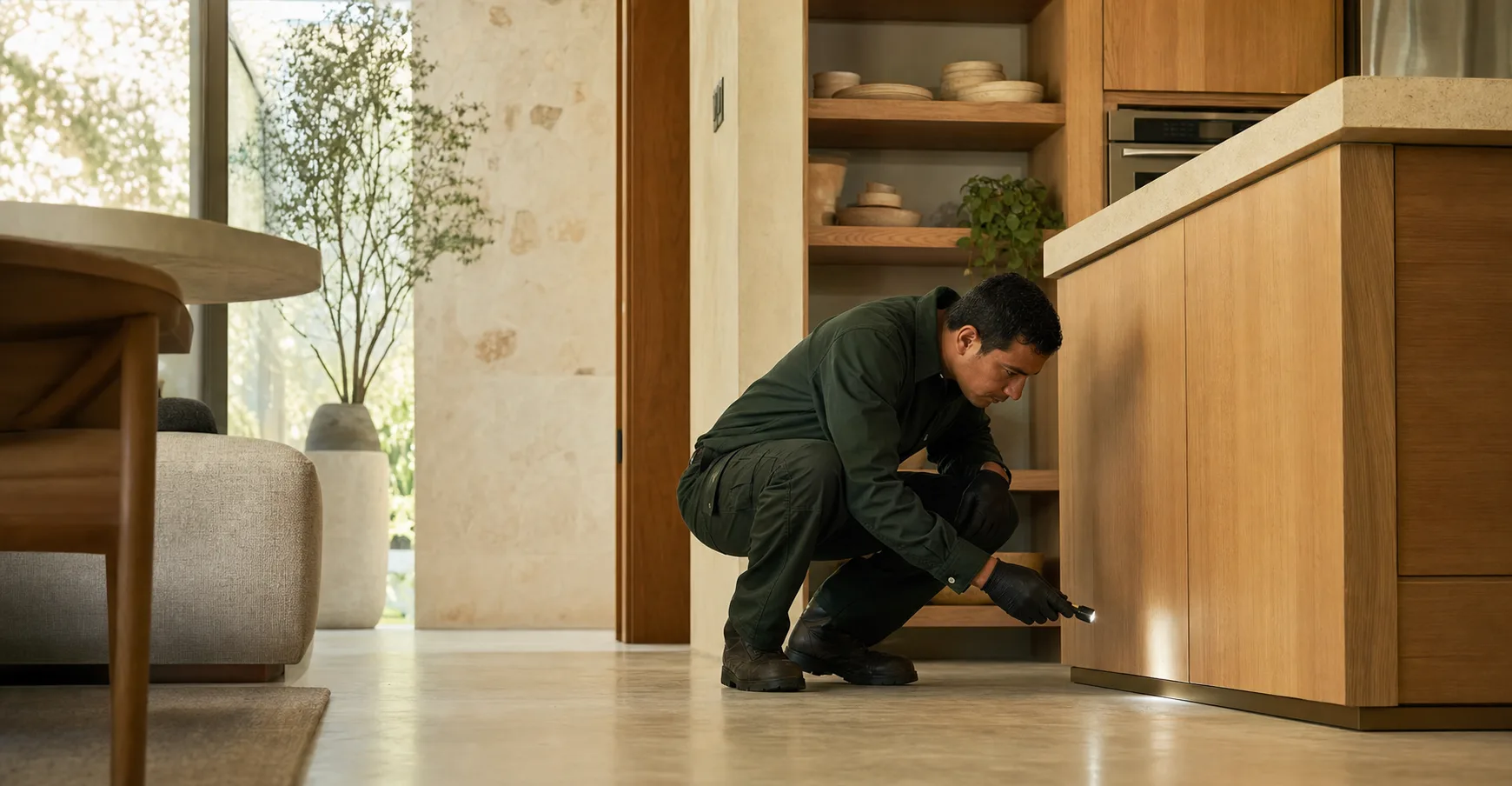Técnico inspeccionando los accesos de una cocina residencial