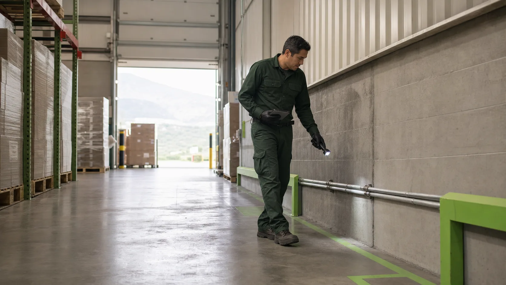 Técnico revisando el perímetro interior de una bodega